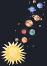 Watercolor stars, planet, moon, space illustration. Planets of the Solar System poster set. Sun, Mercury, Venus and Earth, Mars Royalty Free Stock Photo