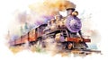 Watercolor Steam engine train background. Generative AI