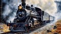 Watercolor Steam engine train background. Generative AI