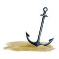 Watercolor steel anchor in the sand of sea bottom illustration. Simple nautical shipwreck hand drawn clipart