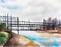 Watercolor of Steel structure at construction sit created with