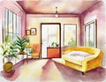 Watercolor of Step into a vibrant and cozy retro haven with retro and warm ambient creating a welcoming and nostalgic