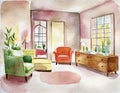 Watercolor of Step into a vibrant and cozy retro haven with retro and warm ambient creating a welcoming and nostalgic