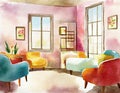 Watercolor of Step into a vibrant and cozy retro haven with retro and warm ambient creating a welcoming and nostalgic