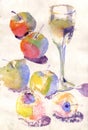 Watercolor still life with apples in old paper Royalty Free Stock Photo