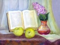 Watercolor still life. Book, lilacs in a vase and apples Royalty Free Stock Photo