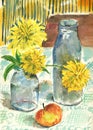 Watercolor still life with bouquet of yellow flowers in jar, glass bottle and apple Royalty Free Stock Photo