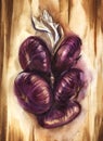 Watercolor still life with bunch of unpeeled whole bulbs of red onion on rustic wooden background. Hand drawn abstract Royalty Free Stock Photo