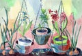 Watercolor still life with garden hyacinth flowers and plants Royalty Free Stock Photo