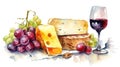 watercolor still life glass of red wine, cheese and grapes on a white background Royalty Free Stock Photo