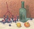 Watercolor still-life with green bottle,blue berries and yellow apples Royalty Free Stock Photo