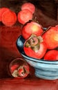 Watercolor still life illustration of ripe persimmon