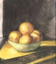 Watercolor still Life with peaches in the green bowl