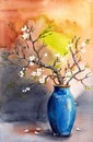 Watercolor still life with a turquoise blue vase with branches of white cherry blossoms