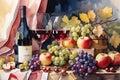 Watercolor still life with a wine bottle and two wine glasses, surrounded by grapes and apples..
