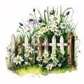 Nature\'s Beauty: Watercolor Wood Garden Fence with Rustic Flowers AI Generated