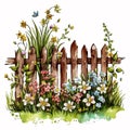 A Perfect Match: Watercolor Wood Garden Fence with Spring Blooms AI Generated