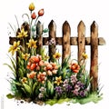 The Beauty of Age: Watercolor Wood Garden Fence with Spring Flowers AI Generated