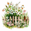 Springtime Serenity: Watercolor Wood Garden Fence with Vibrant Blooms AI Generated