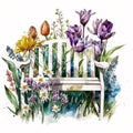 Springtime Serenity: Watercolor Wooden Garden Benches with Vibrant Blooms AI Generated