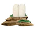 Watercolor stone tablets of Ten Commandments on Mount Sinai with copy space for text. Shavuot greeting template