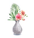 Watercolor stone vase with flowers. Tropical bouquet with palm leaves and orchid branch. Floral interior decoration