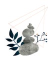 Watercolor stones pyramide and hand drawn leaves branch and twig with geometry triangle elements. Abstract design for