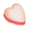 Watercolor strawberry macaron heart shaped cookie clipart.Whimsical valentine snack illustration