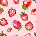 Watercolor strawberry seamless pattern, on pink background. Hand painted red berries repeat botanical print Royalty Free Stock Photo