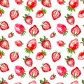 Watercolor strawberry seamless pattern, isolated on white background. Hand painted red berries repeat botanical print Royalty Free Stock Photo