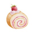 Watercolor strawberry swiss roll cake. Valentines day concept