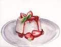 Watercolor strawbery pana cotta dessert Royalty Free Stock Photo