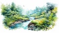 Watercolor Stream And Rainforest Illustration: Uhd Image By Xu Beihong