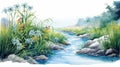 Watercolor Stream With Wild Flowers: Cartoon Mis-en-scene Painting