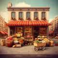 Watercolor street fruits. Store market with fresh healthy fruits