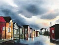 Watercolor of Street in the town with storm cloud in the background Royalty Free Stock Photo