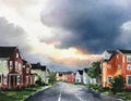 Watercolor of Street in the town with storm cloud in the background Royalty Free Stock Photo