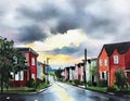 Watercolor of Street in the town with storm cloud in the background Royalty Free Stock Photo