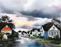 Watercolor of Street in the town with storm cloud in the background Royalty Free Stock Photo