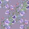 Watercolor stripe meadow bellflowers on purple background. Seamless pattern for design.