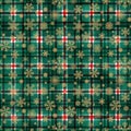 Watercolor stripe plaid seamless pattern. Red green stripes and golden snowflakes