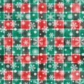 Watercolor stripe plaid seamless pattern. Red green stripes and white snowflakes