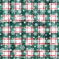 Watercolor stripe plaid seamless pattern. Red green stripes and white snowflakes