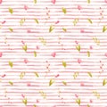 A watercolor stripe rose seamless pattern with hearts, flowers, leaves, branches, tulips.