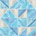 Watercolor striped print in blue colors. Abstract brush strokes line grid seamless pattern