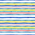 Watercolor striped seamless pattern with blue, turquoise, yellow and pastel pink stripes on white background