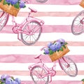 Watercolor striped seamless pattern with pink retro bicycle and pink stripes on white background. Summer floral print