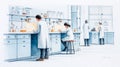 A Watercolor Study of Scientists in a Modern Lab Scientists working diligently in a bright modern laboratory setting