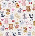 Watercolor stuffed animals pattern. Watercolor paper texture on the background. Valentines day Royalty Free Stock Photo