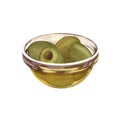 Watercolor Stuffed pickled green olives in glass bowl isolated realistic icon. Handmade appetizer snack, spain or greek